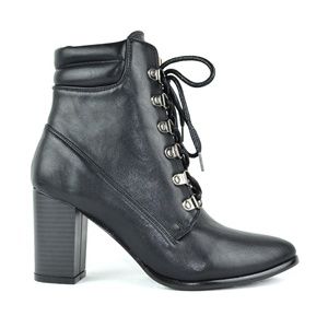 Black Chunky Heel Lace Up Pointy Toe Bootie